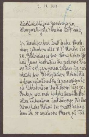 Schreiben vom Kursus des Viktoria-Pensionats 1917-1918 an die Großherzogin Luise; Glückwünsche zum Geburtstag und Dankbarkeit für die Teilname und Fürsorge