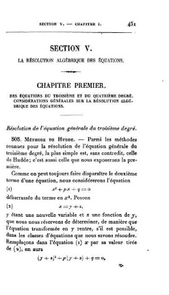 Chapitre premier. Des Équations du troisième et du quatrième degre. Considérations générales sur la résolution algébrique des equations.