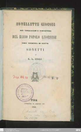 Novellette giocose nel linguaggio e carattere del basso popolo livornese coll'aggiunta di alcuni sonetti