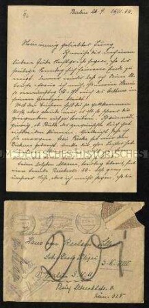 Brief an Hans Joachim von Reclam-Schlee im Gefängnis Moabit von seiner Mutter (mit Kuvert)