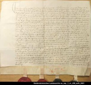 Vertrag zwischen den Grafen Edzard I. und Uko von Ostfriesland und Hero Omken von Dornum über das Ende ihrer Fehde Zweite Ausfertigung 4 anhängende Siegel beschädigt er halten