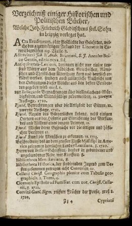 Verzeichniß einiger Historischen und Politischen Bücher ...