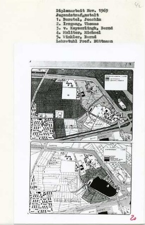 Jugendstrafanstalt, Berlin-Charlottenburg (Diplomarbeit bei Werner Düttmann): Flächennutzungsplan und Grundstücksplan 1:4000