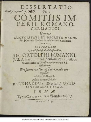 Dissertatio De Comitiis Imperii Romano-Germanici