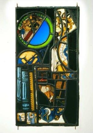 Kompositscheibe aus Fragmenten diverser Glasmalereien (Wappen, Schildhalter, Dame in höfischer Kleidung, Putto, Architekturelemente)