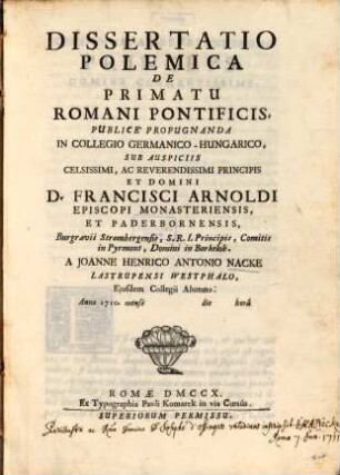 Diss. polem. de primatu Romani pontificis