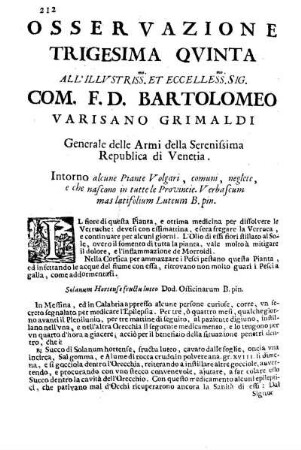Osservazione Trigesima Quinta all'Illustriss. et Eccelless. Sig. Com. F. D. Bartolomeo Varisano Grimaldi