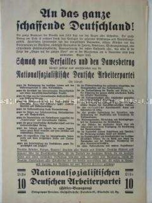 Propagandaflugblatt der NSDAP zur Reichstagswahl 1928 mit Polemik gegen den Versailler Vertrag und den Dawes-Plan
