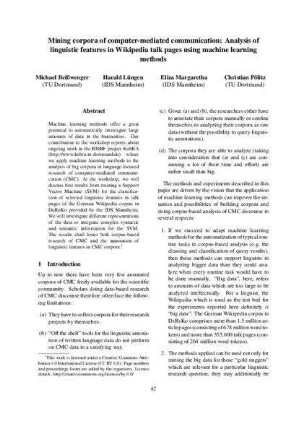 Mining corpora of computer-mediated communication: analysis of linguistic features in Wikipedia talk pages using machine learning methods