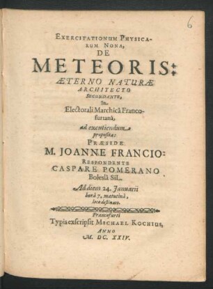 Exercitationum Physicarum Nona, De Meteoris