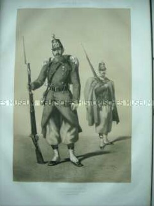 Uniformdarstellung, Grenadier und Füsilier der Linien-Infanterie in Marsch-Uniform, Frankreich, 1860. Tafel 9.bis im Buch: Armand-Dumaresq: Uniformes de l'Armée Française.