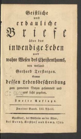 Zweiter Band, III. Theil: Geistliche und erbauliche Briefe über das inwendige Leben und wahre Wesen des Christenthums