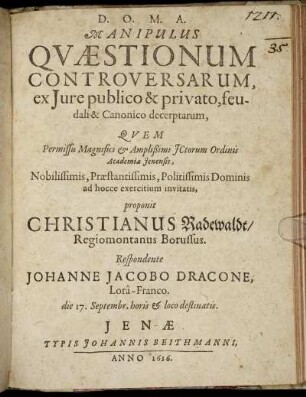 Manipulus Quaestionum Controversarum, ex Iure publico & privato, feudali & Canonico decerptarum