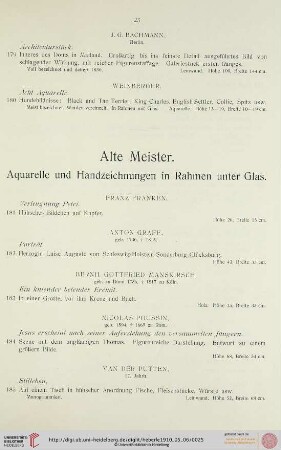 Alte Meister. Aquarelle und Handzeichnungen in Rahmen unter Glas (Nr. 181-232)