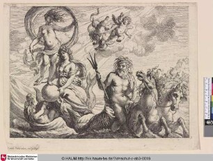 [Neptun auf dem Meer und Fortuna auf der Kugel von der Occasia gehalten; Neptune with two Horses on the Sea]