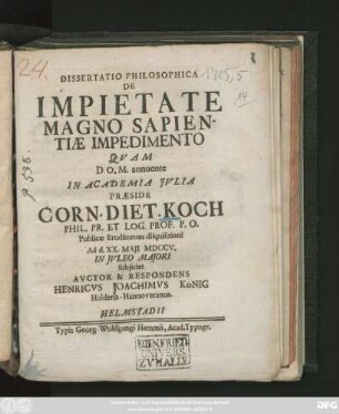 Dissertatio Philosophica De Impietate Magno Sapientiæ Impedimento