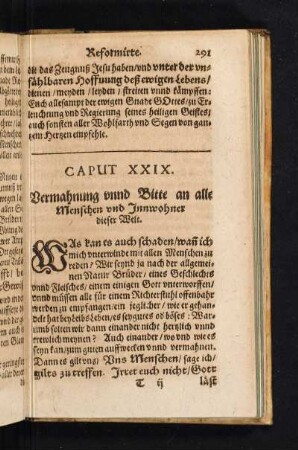 CAPUT XXIX. Vermahnung unnd Bitte an alle Menschen und Innwohner dieser Welt.