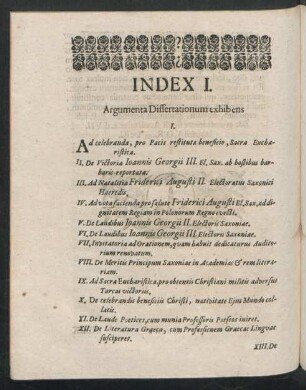 Index I. Argumenta Dissertationum exhibens