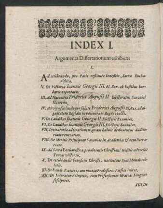 Index I. Argumenta Dissertationum exhibens