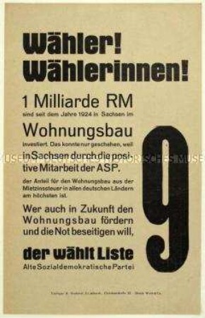 Aufruf der Alten Sozialdemokratischen Partei zur sächsischen Landtagswahl