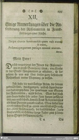 XII. Einige Anmerkungen über die Anforderung der Reformirten in Frankfurt wegen einer Kirche