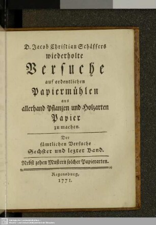 Der sämtlichen Versuche Sechster und letzter Band.
