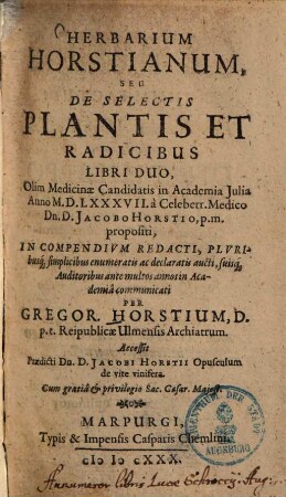 Herbarium Horstianum, Seu De Selectis Plantis Et Radicibus : libri duo