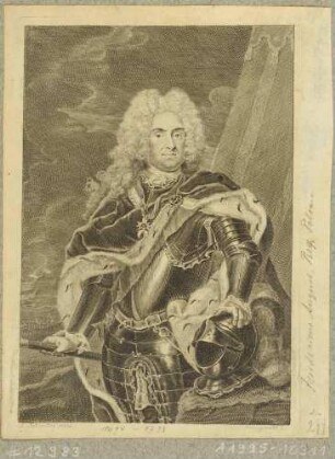 Bildnis Friedrich August I. (der Starke), Kurfürst von Sachsen und König von Polen, Halbfigur stehend in Rüstung und Königsmantel