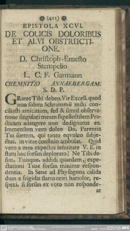 Epistola XCVI. De Colicis Doloribus Et Alvi Obstructione. D. Christoph-Ernesto Stempelio L. C. F. Garmann Chemnitio Annaebergam