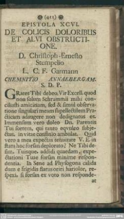 Epistola XCVI. De Colicis Doloribus Et Alvi Obstructione. D. Christoph-Ernesto Stempelio L. C. F. Garmann Chemnitio Annaebergam