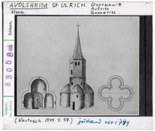Avolsheim: Kapelle St. Urlich, Querschnitt, Aufriss, Grundriss