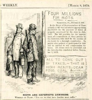 Riots are expensive luxuries. Workman to tramp. "You see we that have families must suffer." : ein Vagabund steht neben einem Arbeiter und liest ein Plakat. [In der Zeichnung befinden sich zwei Textblöcke]