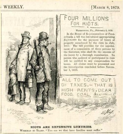 Riots are expensive luxuries. Workman to tramp. "You see we that have families must suffer." : ein Vagabund steht neben einem Arbeiter und liest ein Plakat. [In der Zeichnung befinden sich zwei Textblöcke]