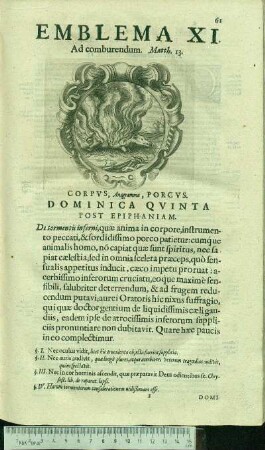 Emblema XI. Ad comburendum. Matth.13. Corpvs, Anagramma, Porcvs. Dominica Qvinta Post Epiphaniam.