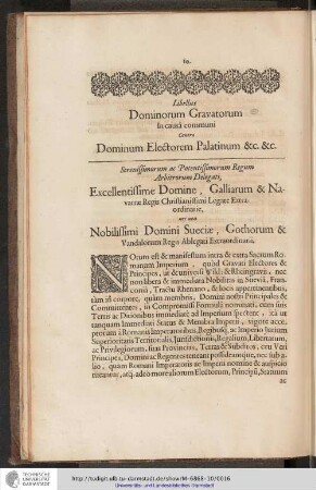 Libellus Dominorum Gravatorum. In causâ communi contra Dominum Electorem Palatinum &c. &c.