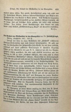 455-456 [Rezension] Frings, Josef, Die Einheit der Messiasidee in den Evangelien