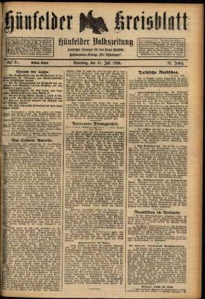 Erste Ausgabe vom Samstag, den 31. Juli 1926.