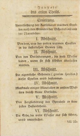 Innhalt des ersten Theils (unvollständig, fehlende Seiten zu finden im dritten Theil)