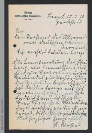 Antwortschreiben von Auguste Förster auf Rundschreiben von Helene Lange
