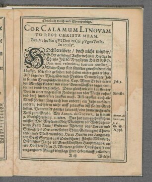 Christlich Leich und Ehrenpredigt. Cor Calamum Linguam Tu Rege Christe Meam ...