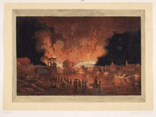 Die brennende Elbbrücke in Meißen am 12. März 1813 bei Nacht vom rechten Elbufer unterhalb des Brückenkopfes (im Hintergrund die Altstadt)