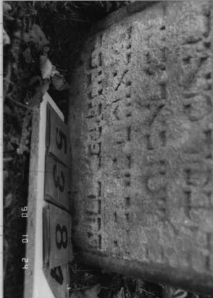 Grabstein 538 (Index: 100115404) Material: Sandstein Zustand: verwitttert Maße HxBxT: 51x41x10 cm Beschreibung: Stele mit Rundbogenabschluß, eingetieftes Schriftfeld Besonderheit: Kindergrab: Grabstein 538A (Nachholaufnahme)