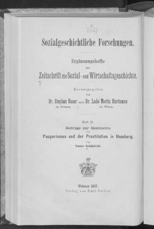 Beiträge zur Geschichte des Pauperismus und der Prostitution in Hamburg
