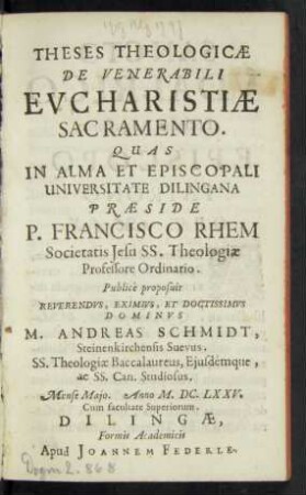 Theses Theologicae De Venerabili Eucharistiae Sacramento