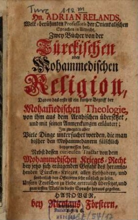 Zwey Bücher von der Türckischen ... Religion