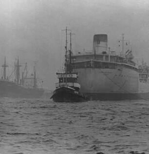 Hamburg. Ein- und auslaufende Schiffe im Hafen der Hansestadt. Im Vordergrund ein Schlepper. Aufgenommen an einem nebligen Tag