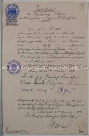 Zeugnis über Lehrbefähigung als Lehrer an Mittelschulen und höheren Mädchenschulen für Kurt Diebel; Posen, 25. Okt. 1912