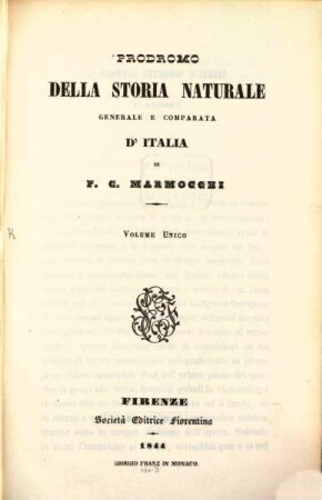 Prodromo della storia naturale generale e comparata d‛Italia : Volume unico. 1