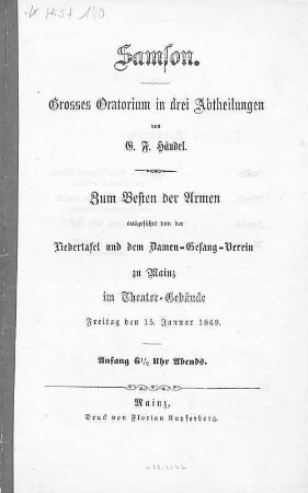 Samson : grosses Oratorium in drei Abtheilungen