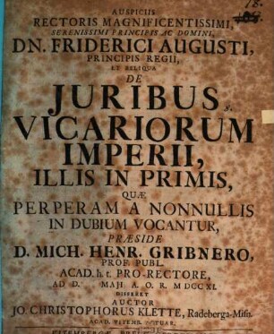 De iuribus vicariorum Imperii, illis in primis, quae perperam a nonnullis in dubium vocantur
